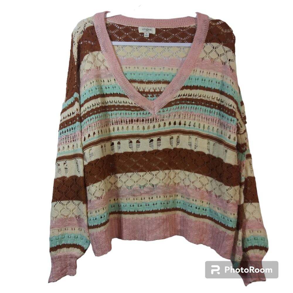 Umgee Neutral V Neck Stripe Open Knit Balloon Sleeve Sweater Size M
